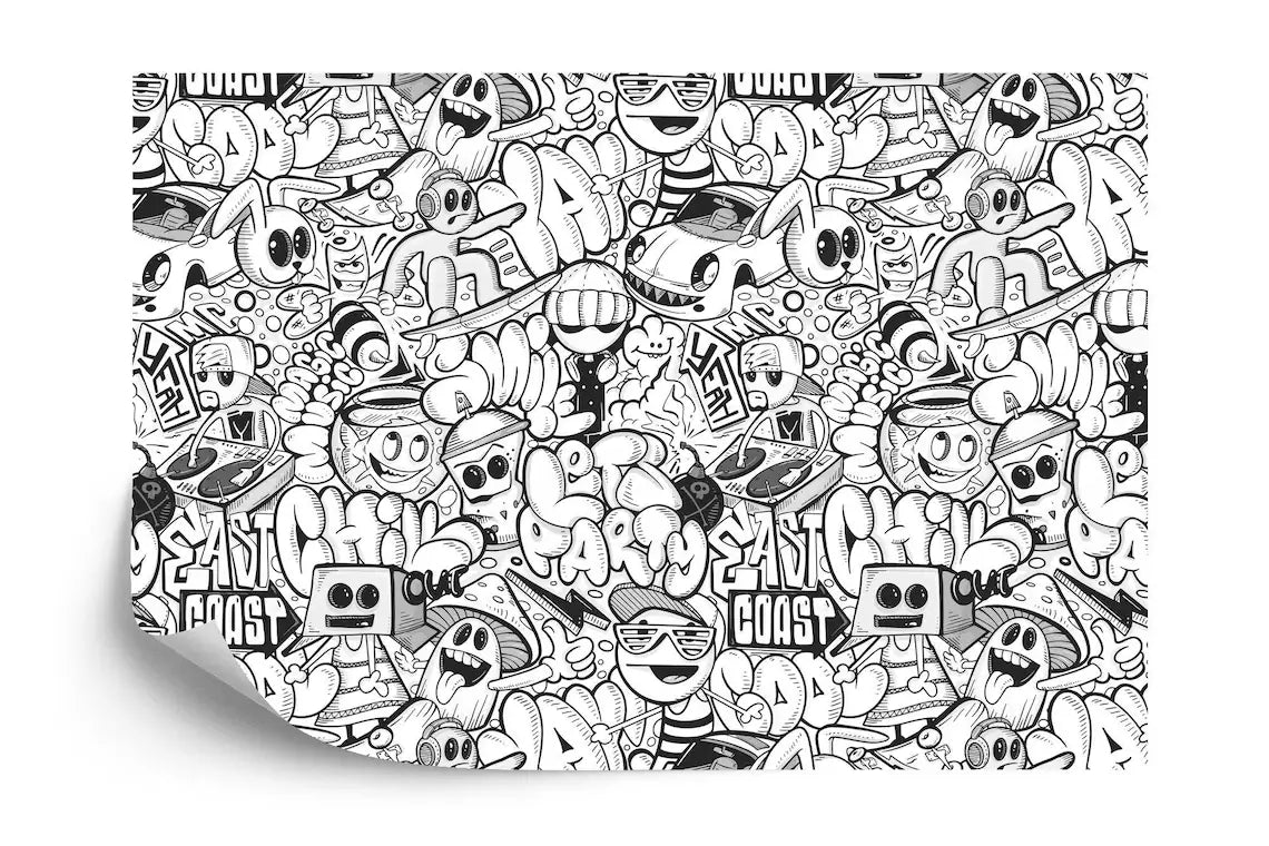 Black and white doodle wall art with contemporary abstract design and flowing lines