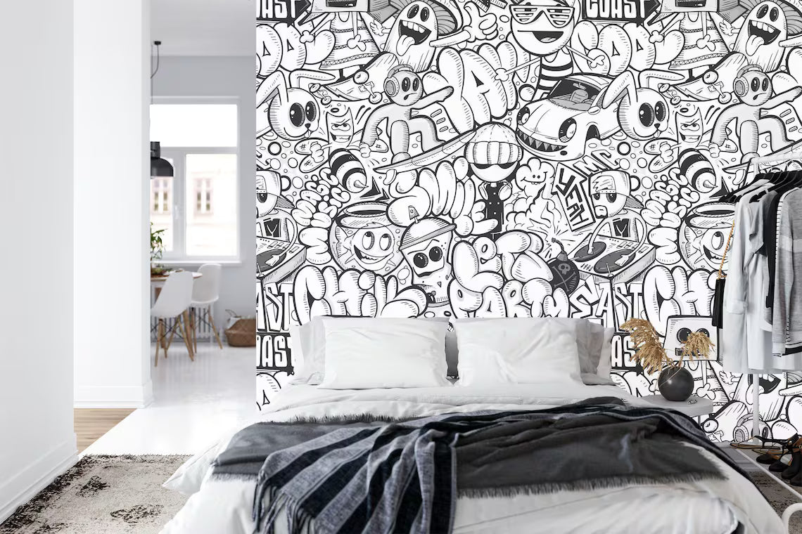 Black and white abstract doodle wall art with geometric and organic shapes