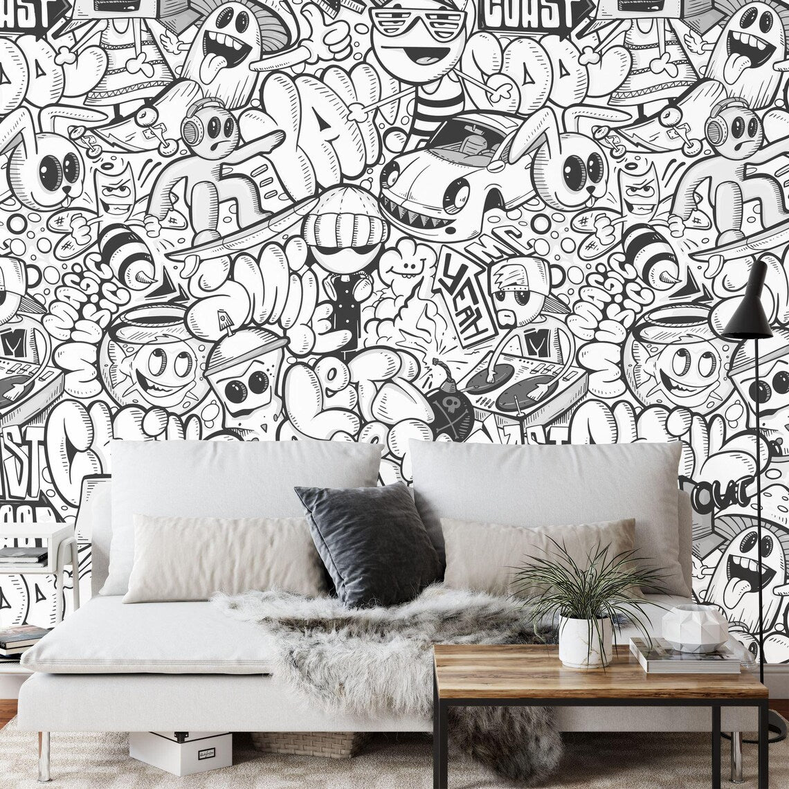 Black and white doodle wall mural featuring creative hand-drawn illustrations and patterns