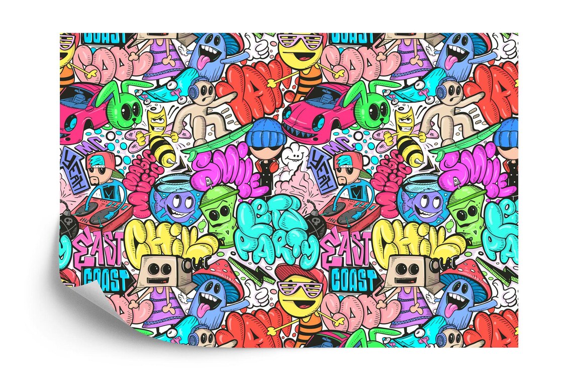 Full view of doodle graffiti wall mural with mixed modern art elements