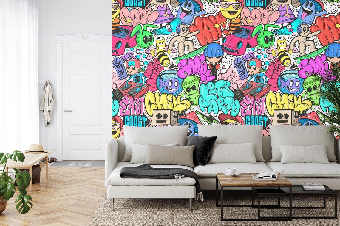Doodle graffiti wall mural installation example in interior space