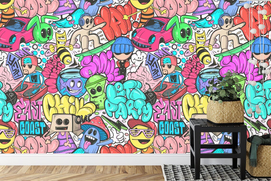 Colorful graffiti doodle mural with contemporary urban art design