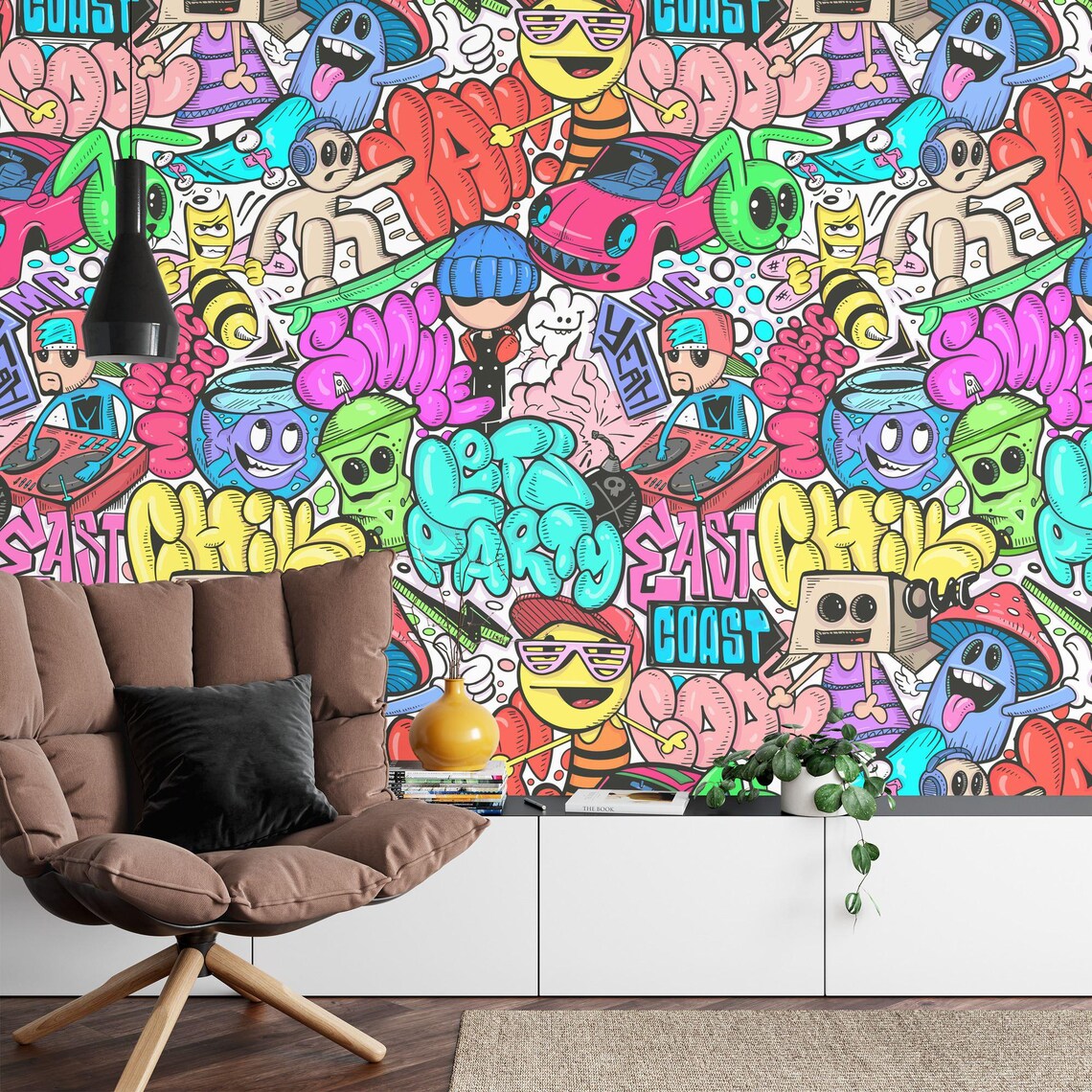 Modern art wall mural featuring playful doodle and graffiti style