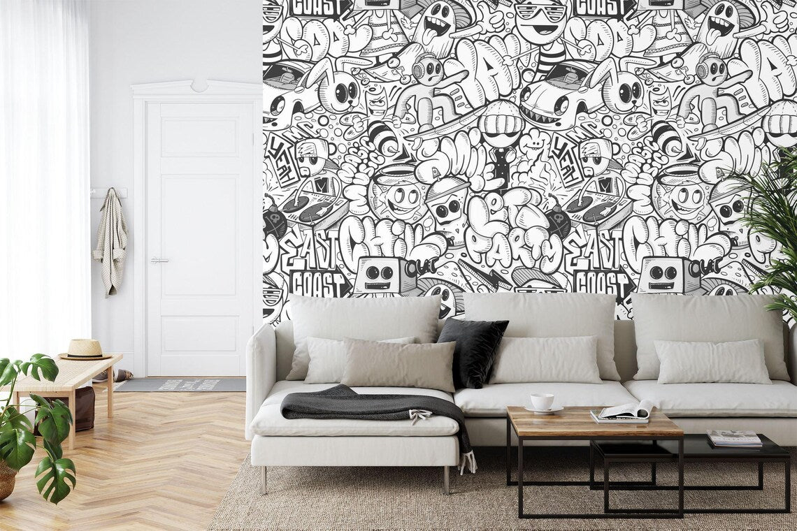Close-up detail of black and white doodle mural showing intricate hand-drawn patterns