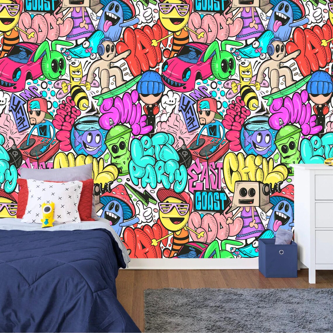 Close-up of doodle graffiti wall mural showing vibrant street art patterns