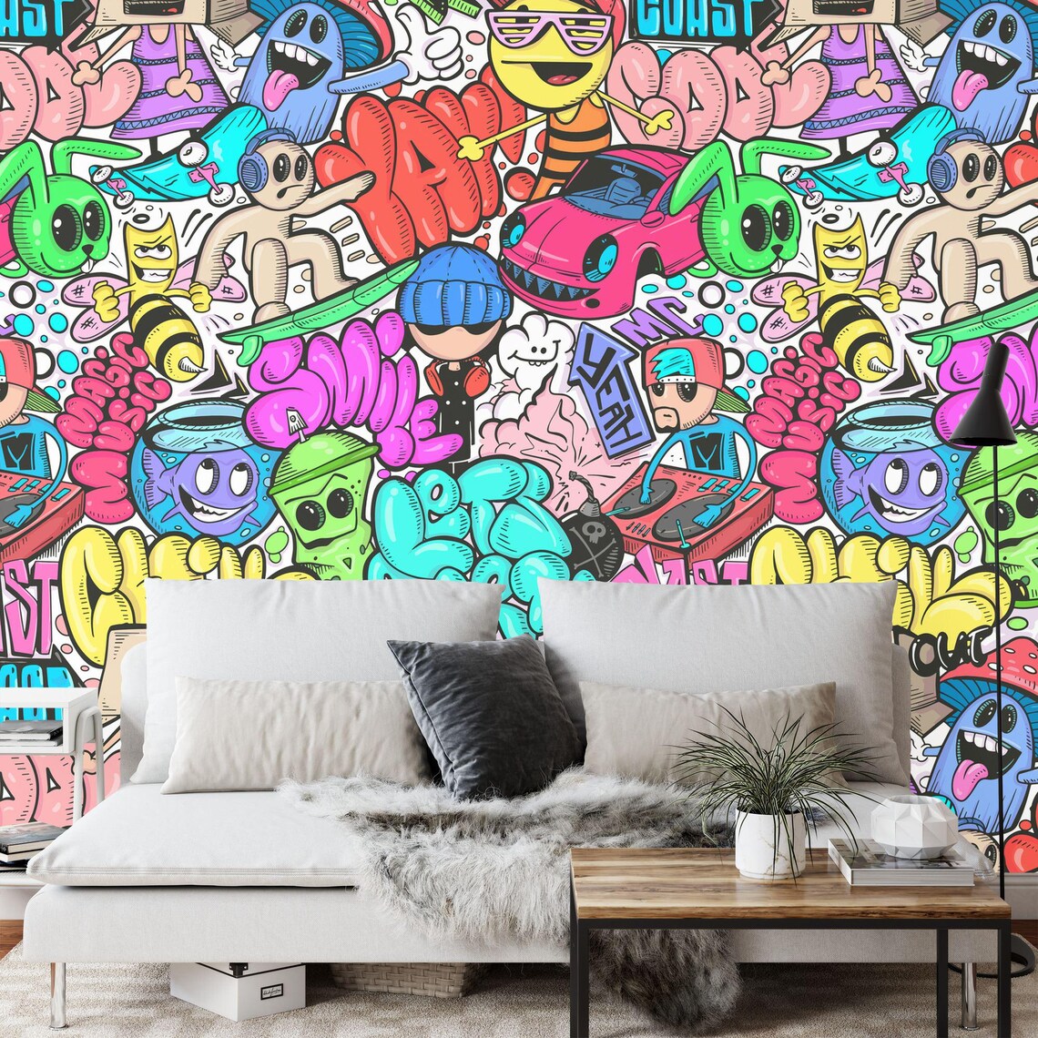 Detailed view of modern graffiti art mural with abstract doodle elements