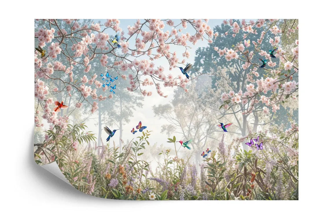 Stunning Meadow Garden Flowers Birds Wall - floral and bird wall decoration design