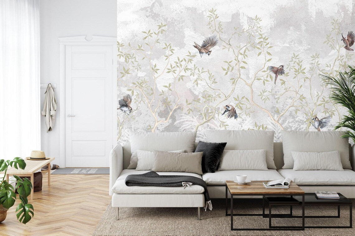 Wisteria branches with flying birds illustration - purple flower wall decor