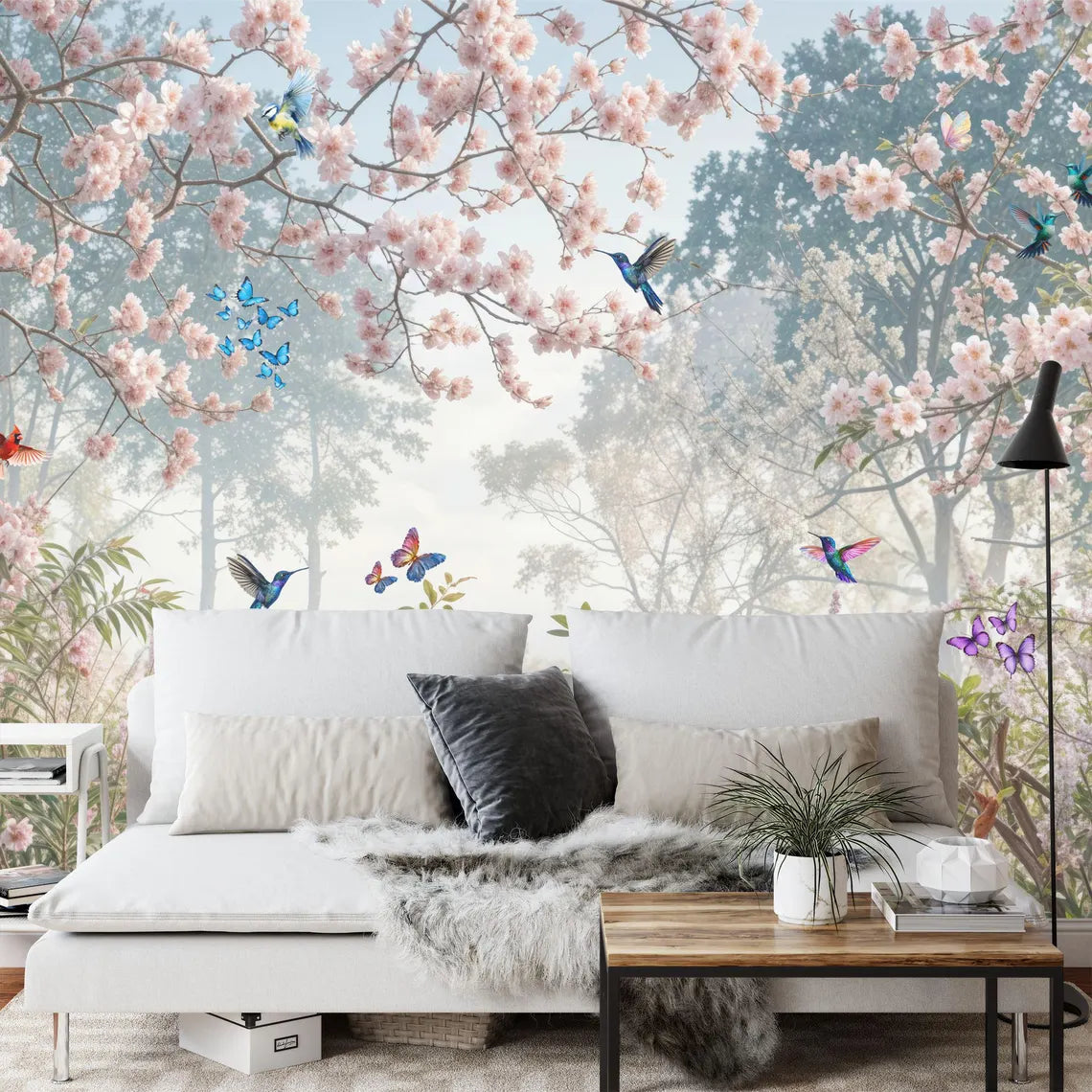 Stunning Meadow Garden Flowers Birds Wall - vibrant garden mural for interior spaces