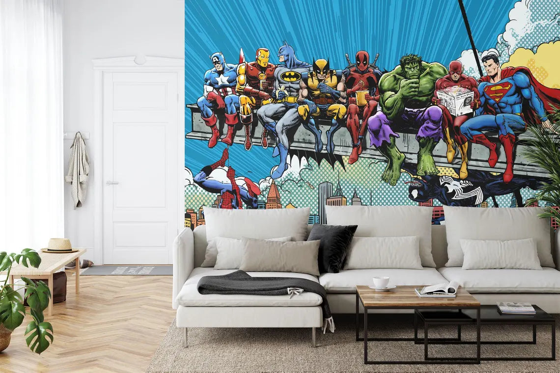 Washable kids room wallpaper featuring colorful vintage superhero comic design