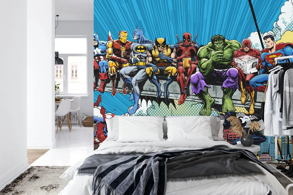 Close-up of washable superhero comic mural with vibrant retro colors