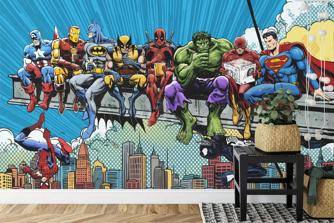 Superhero comic mural showing classic comic book panels and characters