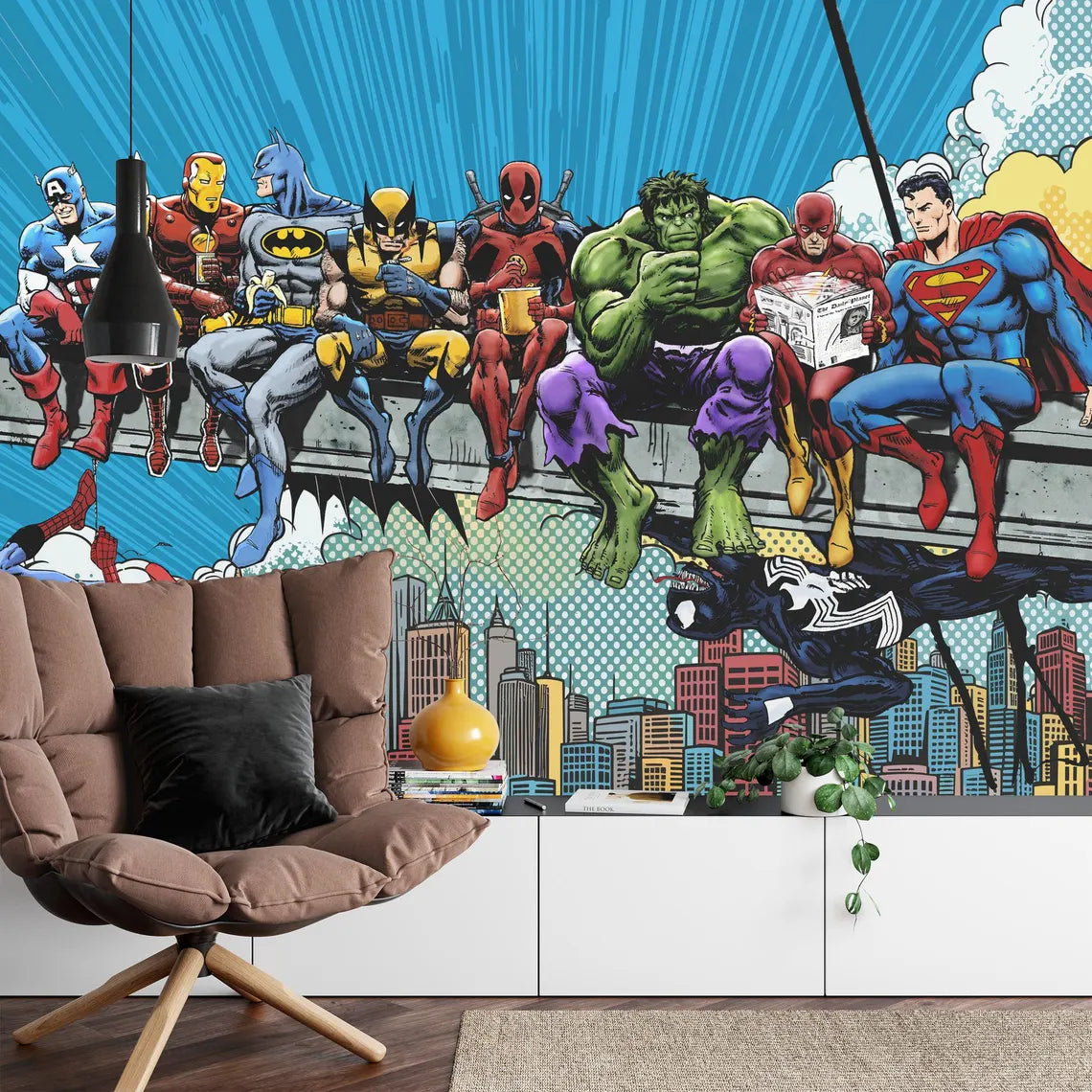 Kids room wallpaper with vintage superhero comic book theme