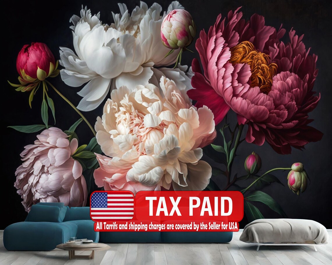 Baroque flowers wall art featuring rich deep colors peonies in vintage style