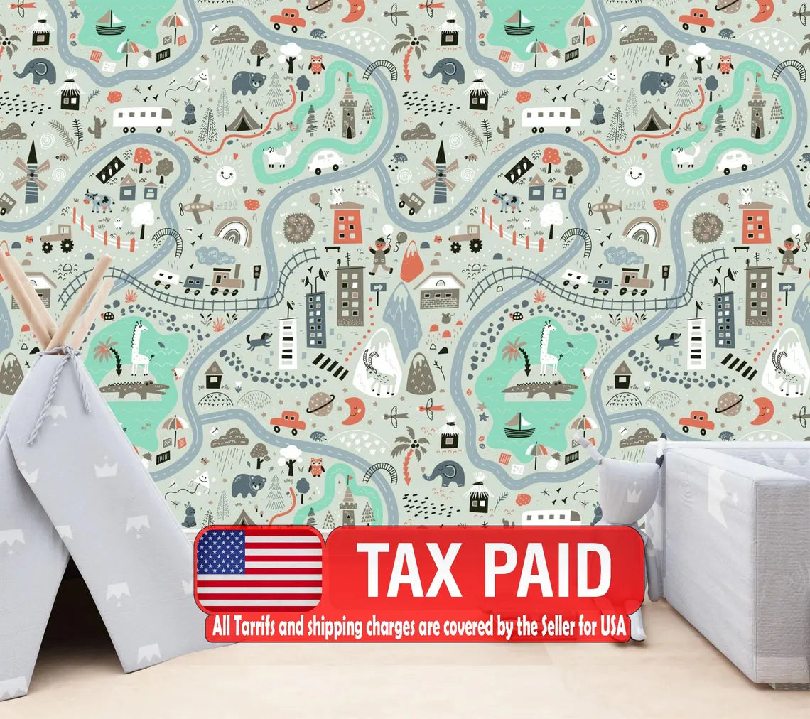 Cartoon cars and trains nursery mural with colorful vehicles for children's room wall decoration