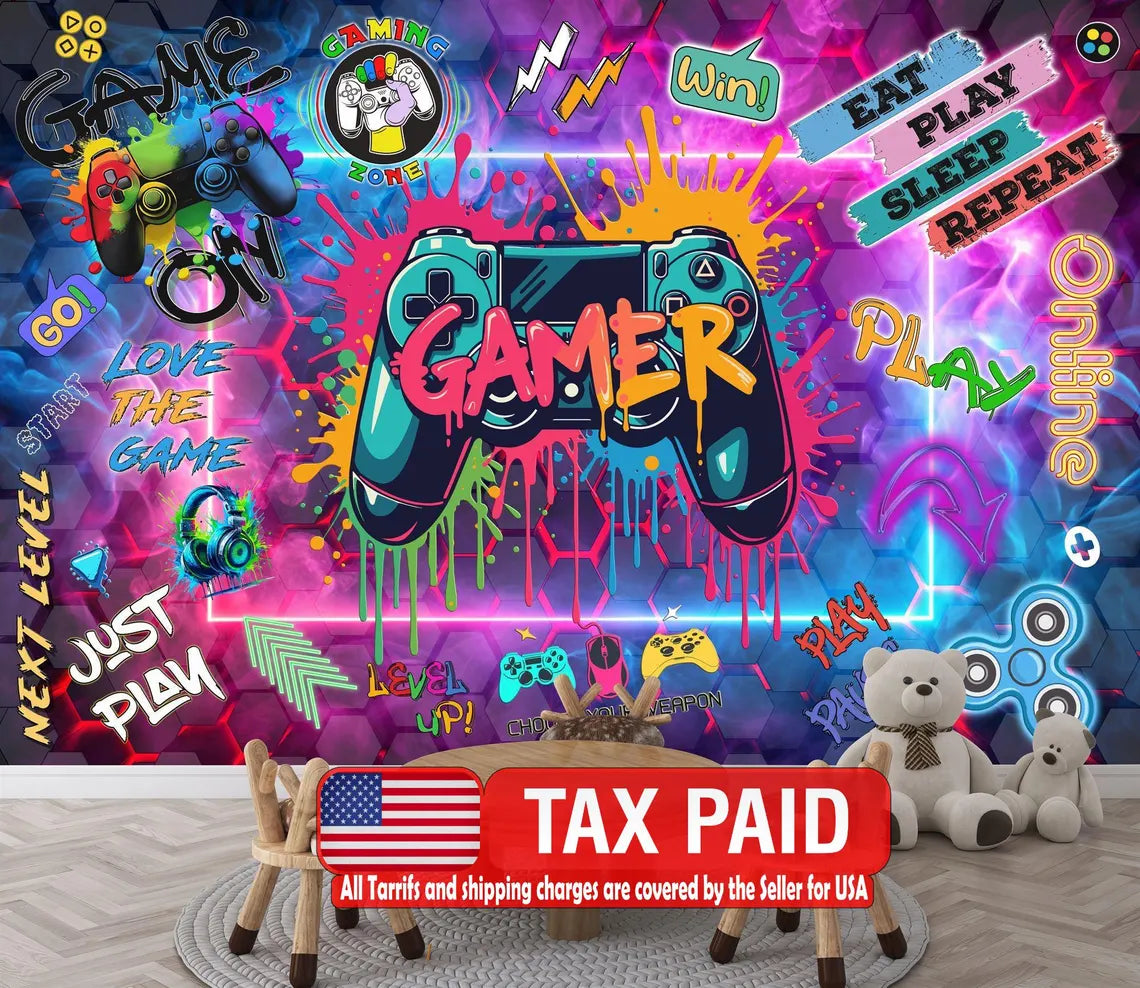 Gaming room wall mural for kids bedroom with video game themed decor
