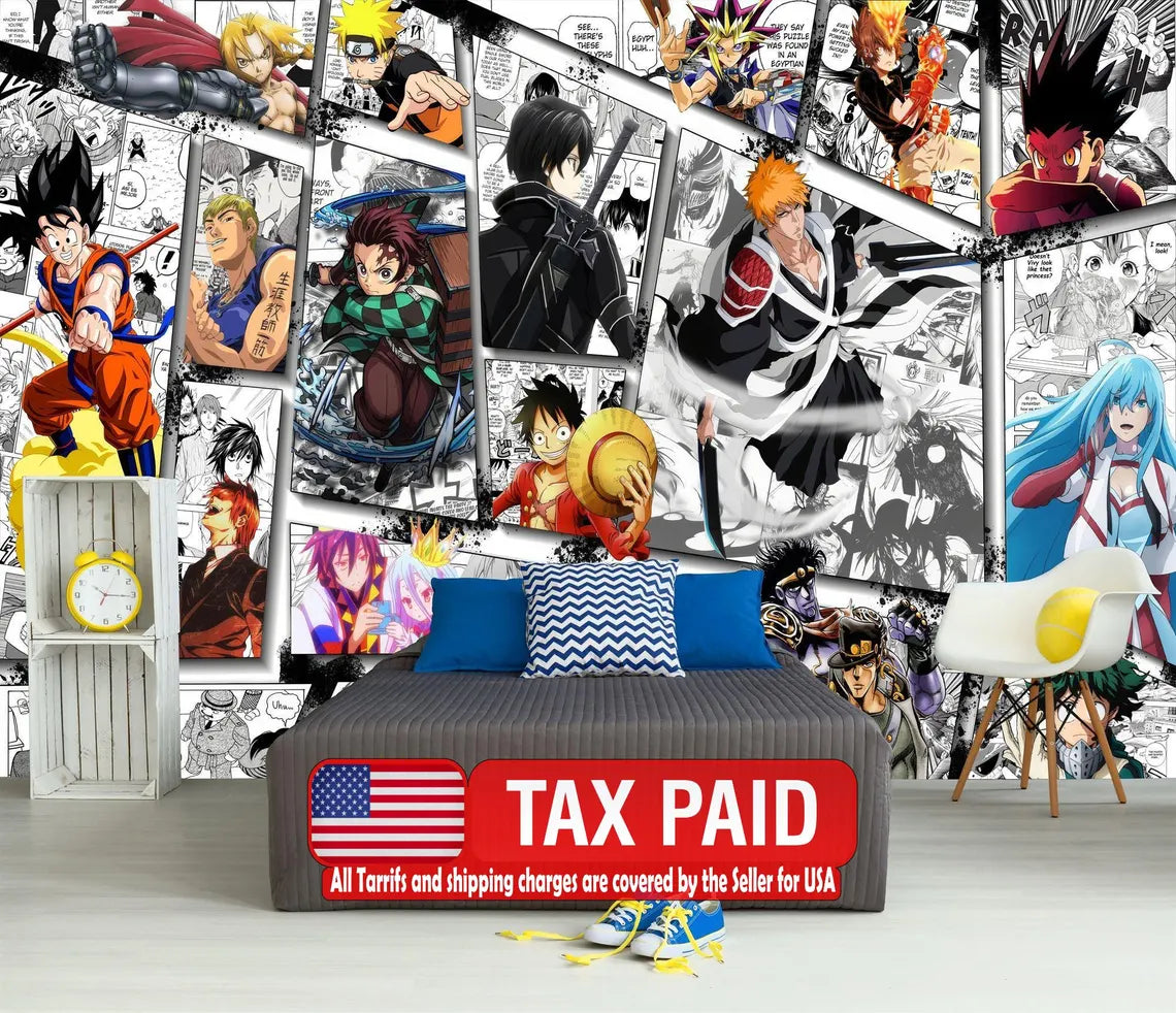 Anime manga collage crossover wallpaper featuring popular characters in vibrant colors