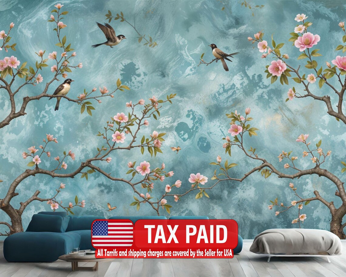 Vintage chinoiserie wall mural featuring crane flying over gold sun with oriental painting style