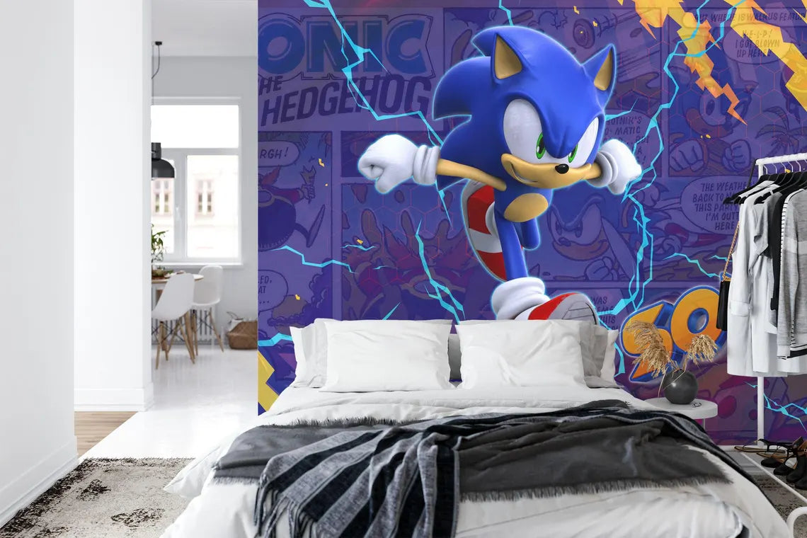 Vibrant Sonic the Hedgehog mural with energetic design for children's playroom