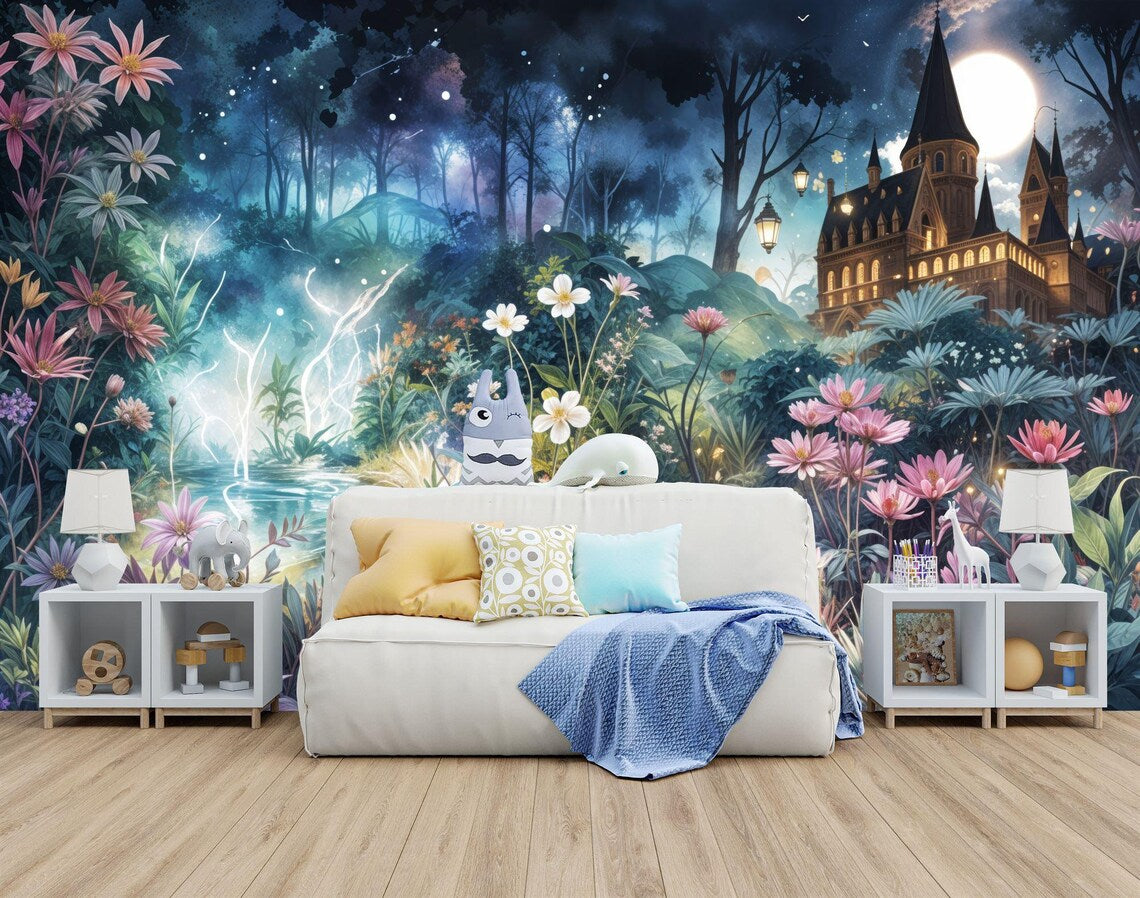 Close-up detail of watercolor forest mural showing delicate tree branches and foliage