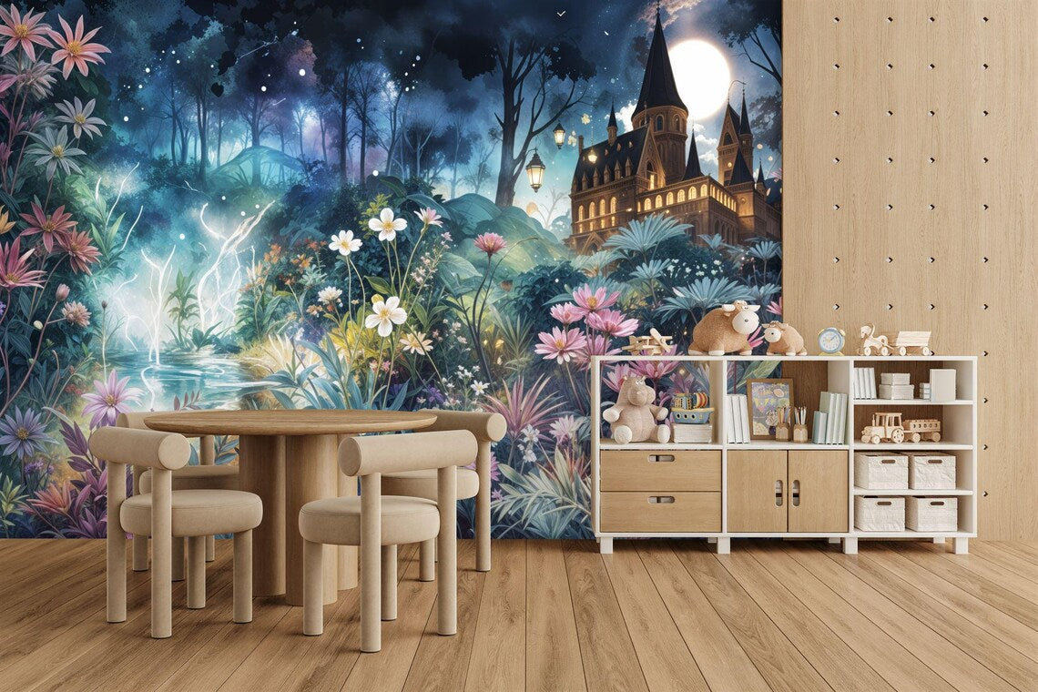 Watercolor forest wall mural installation example in modern interior space