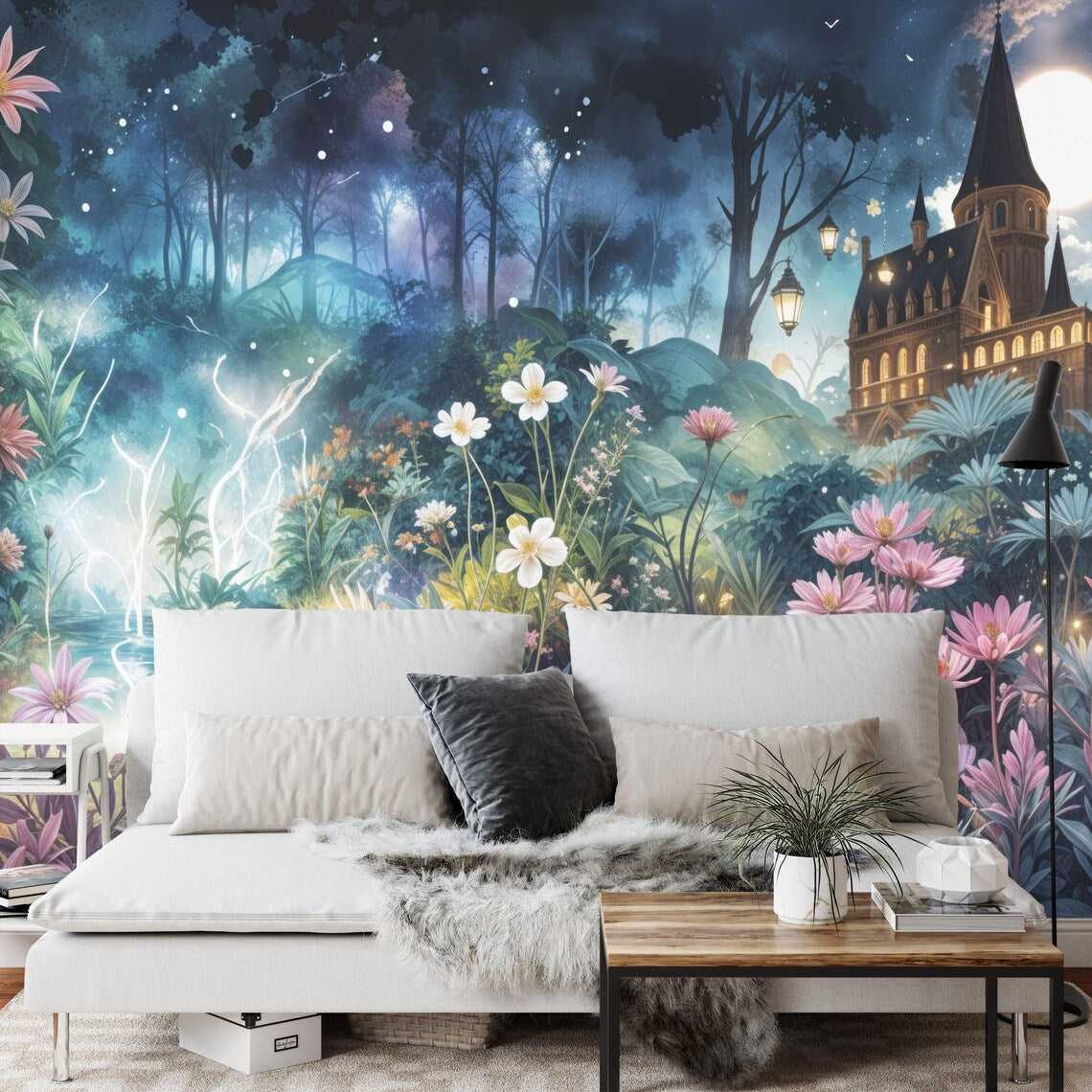 Watercolor forest wallpaper mural showcasing serene nature-inspired design