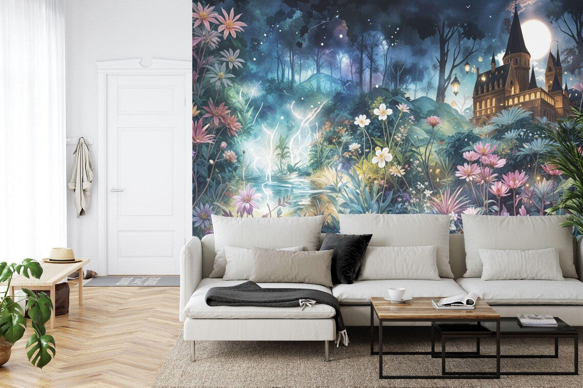 Watercolor forest mural design featuring tall trees and organic brushstroke textures