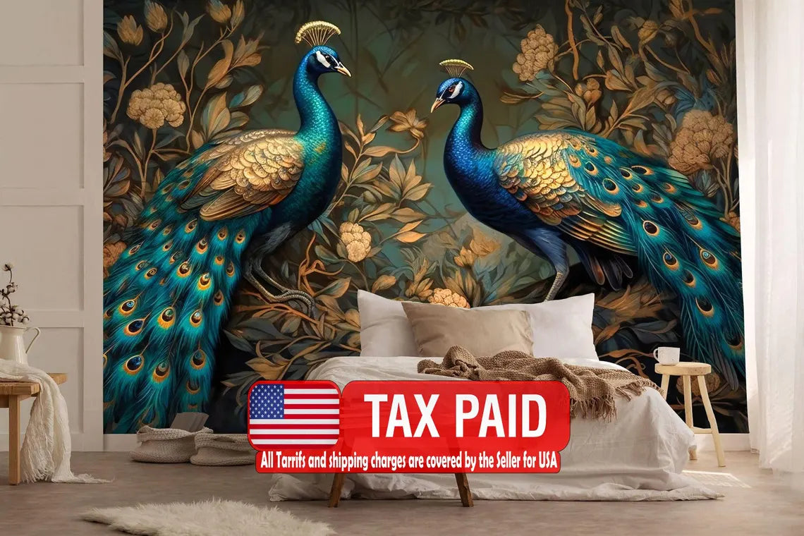 Abstract peacock wall mural with gold accents and green tropical leaves