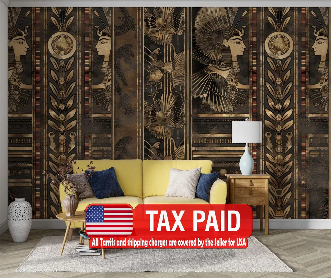 Ancient Egyptian wall art featuring pharaonic hieroglyphics and AI-generated design