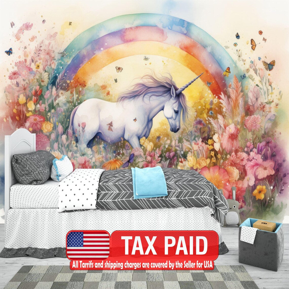 Magical unicorn standing in a vibrant field of colorful flowers with butterflies