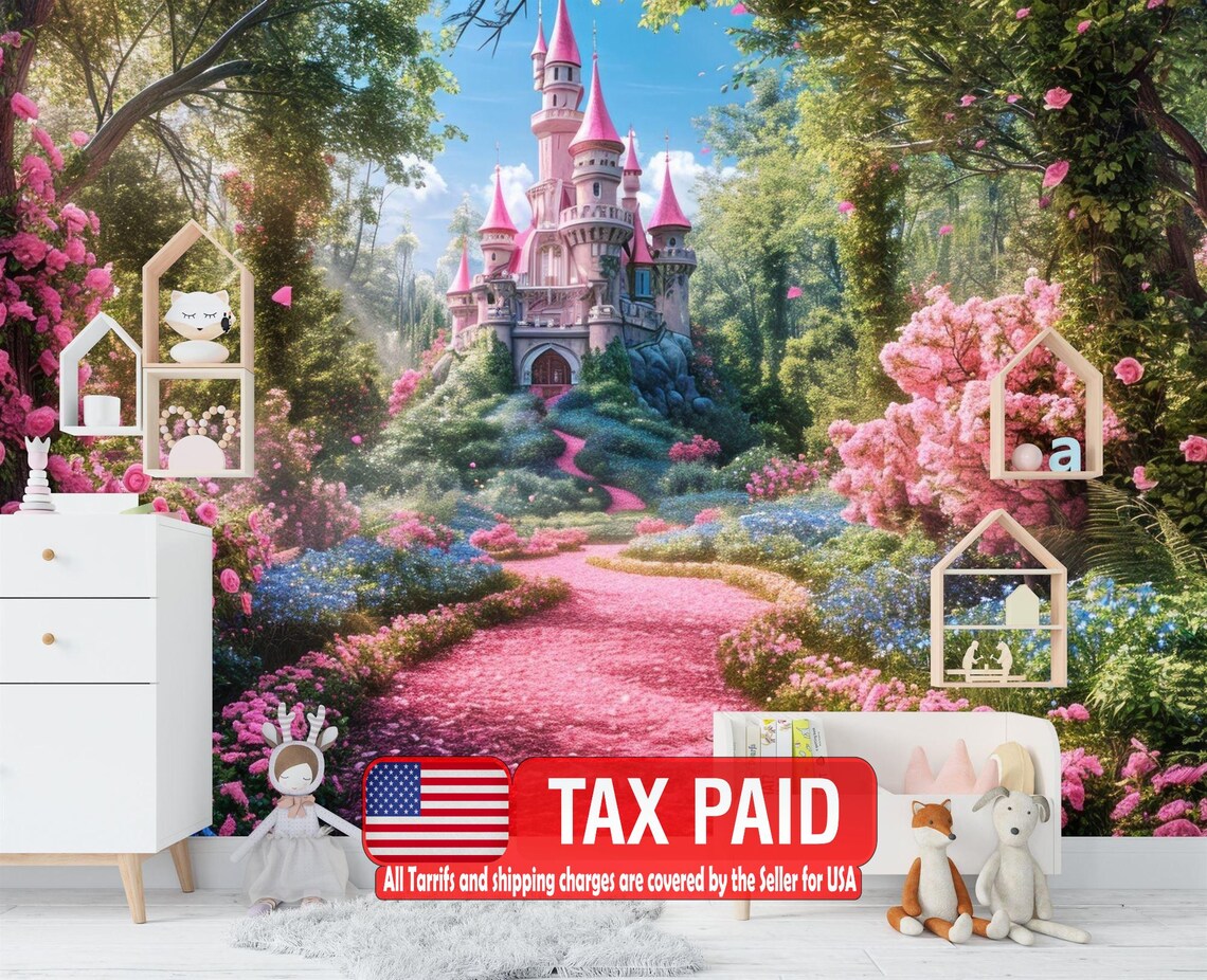 Magical pink castle wallpaper mural surrounded by colorful flowers in a meadow