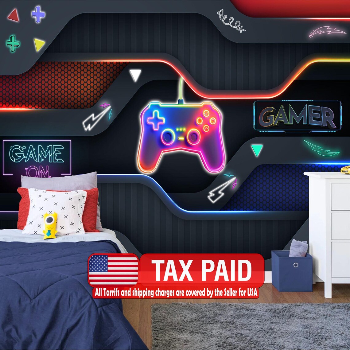 Gaming room wallpaper mural featuring vibrant neon lights and futuristic gaming setup with RGB lighting