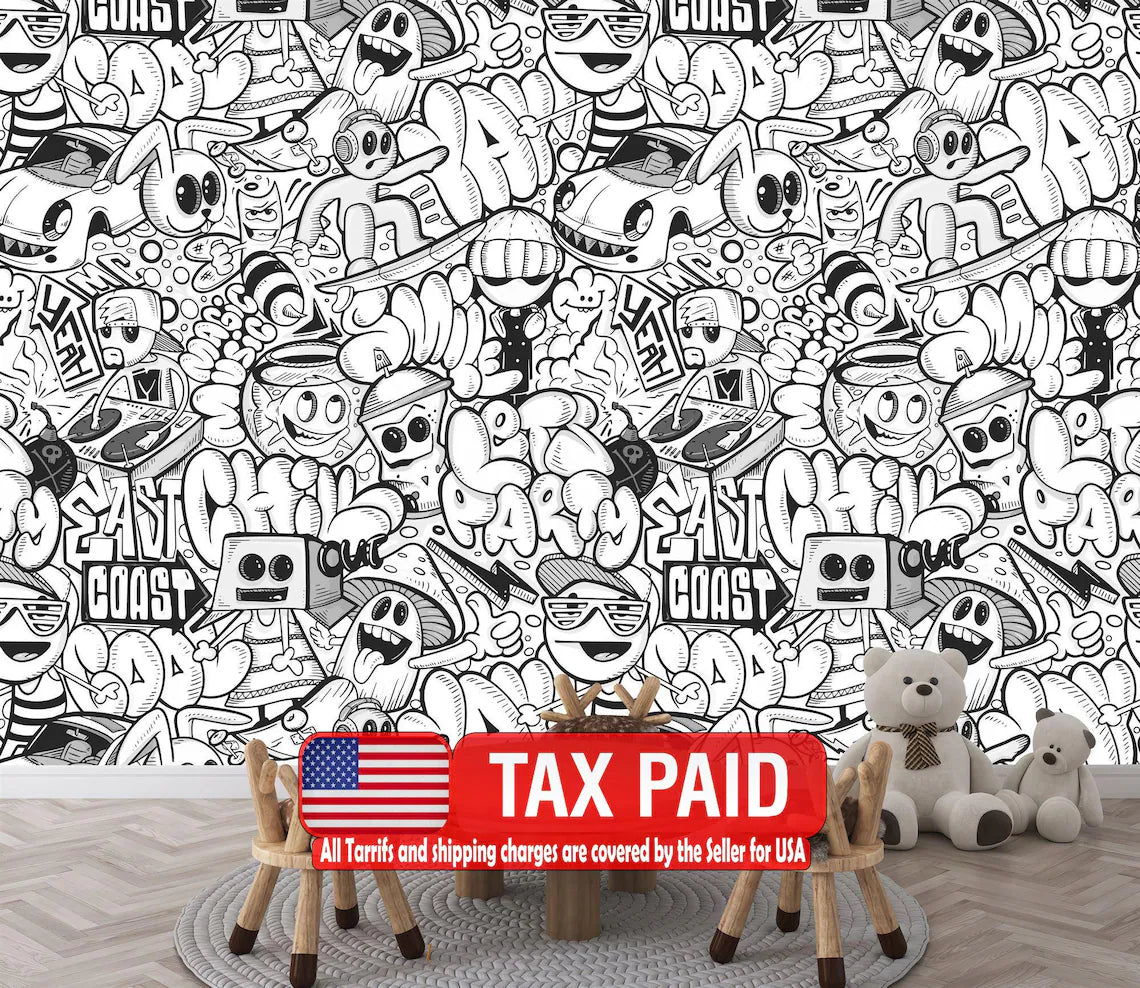 Black and white doodle wall mural featuring abstract patterns and playful line art designs