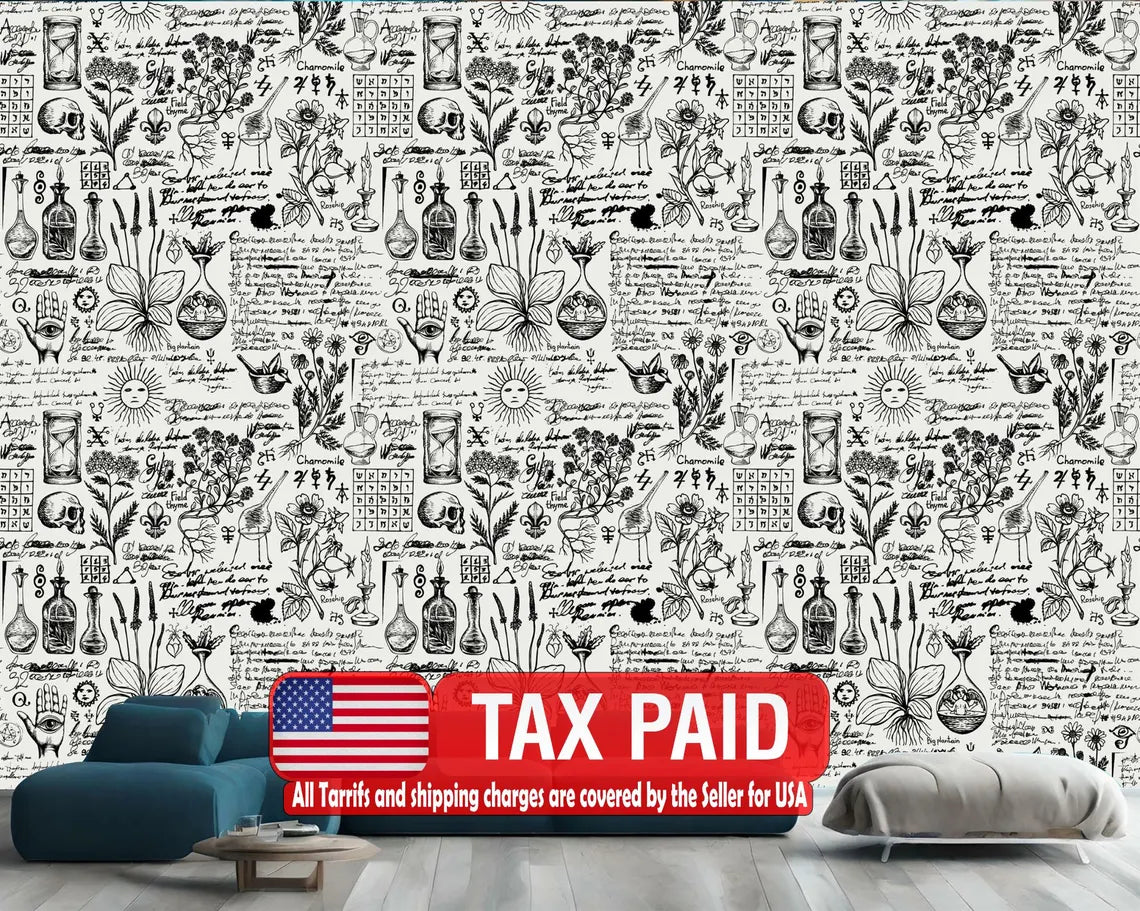 Abstract vintage alchemy esoteric witchcraft artwork with mystical symbols and occult imagery