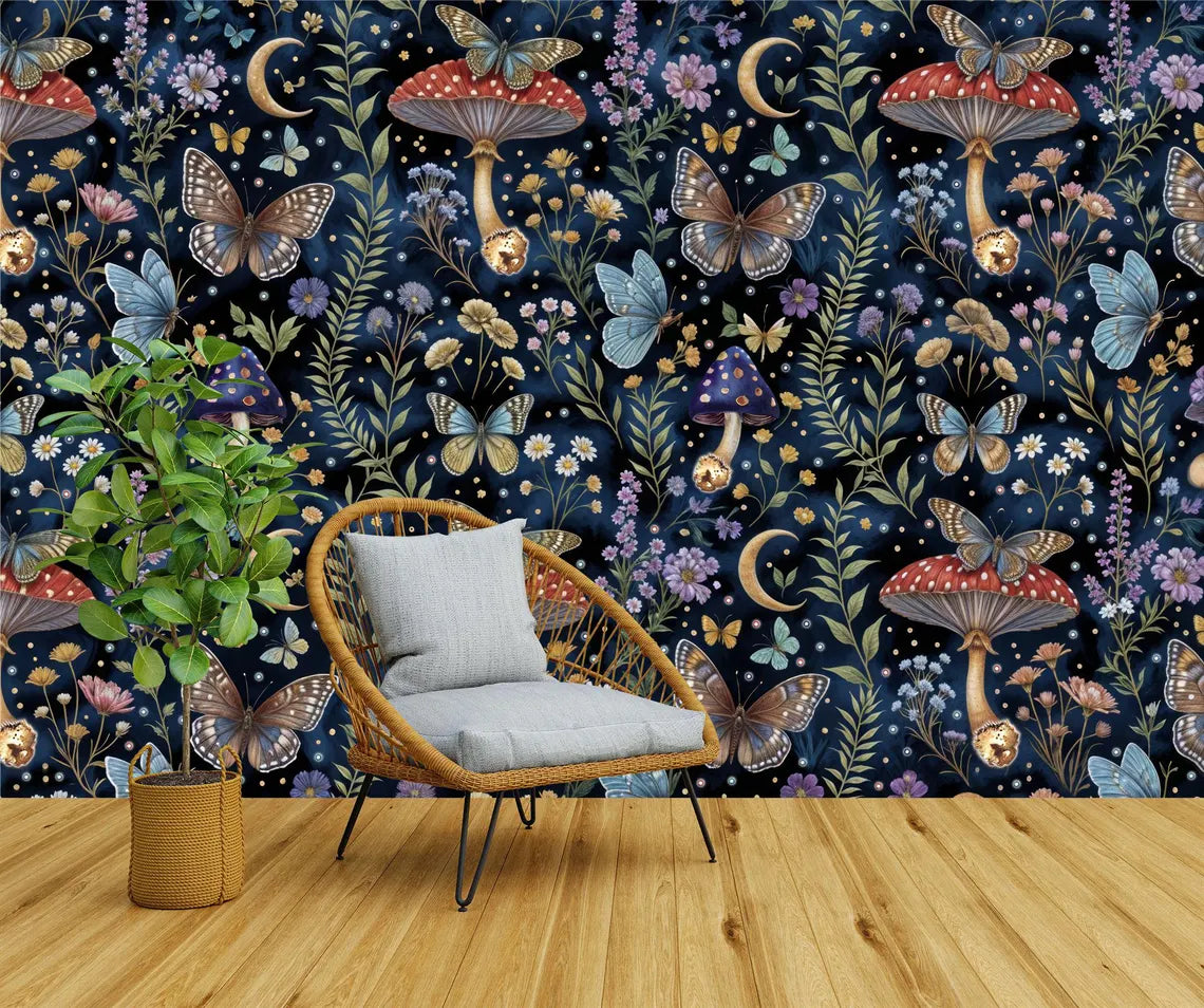 Fairy tale mushroom mural with butterflies in nursery or bedroom setting