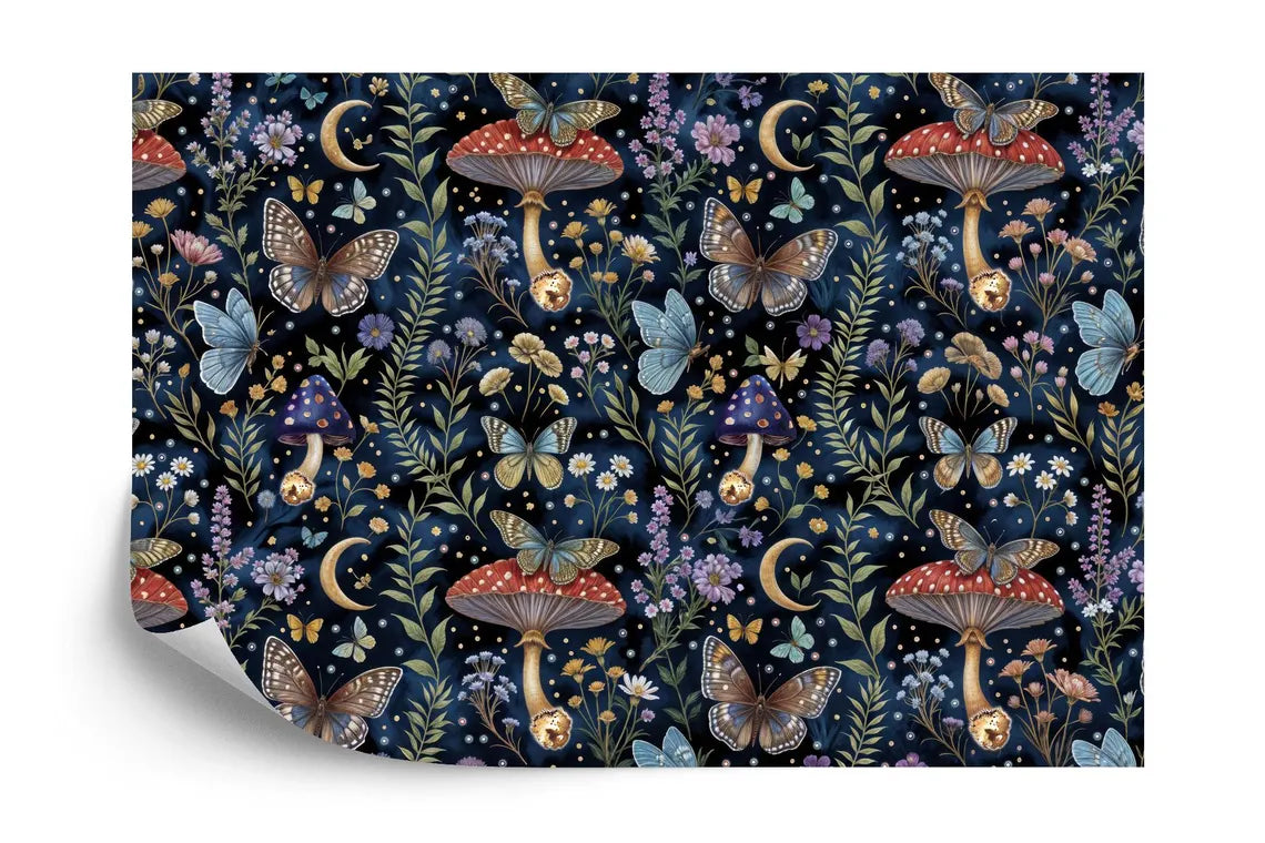 Enchanted mushroom wallpaper with butterflies design elements