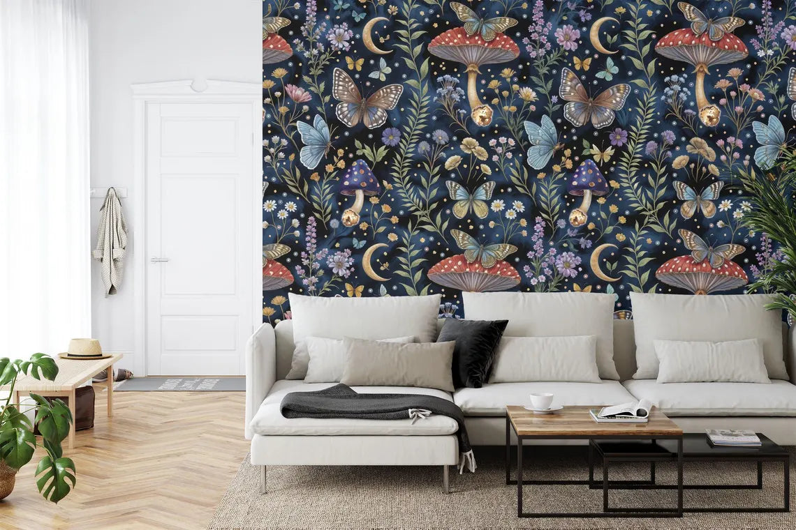Enchanted forest mushroom wallpaper installation example