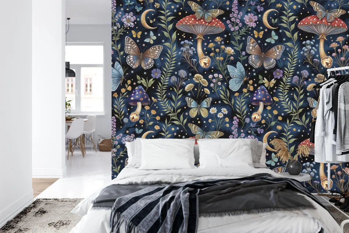 Whimsical mushroom mural with butterflies room application