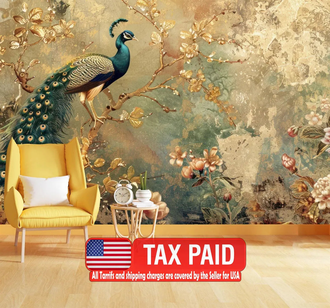 Vibrant peacock wall mural on lively colorful floral garland background