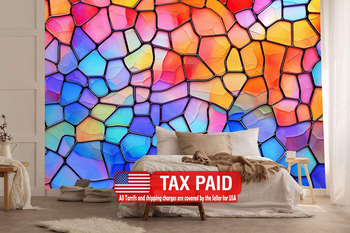 Colorful stained glass window mural with abstract geometric patterns in vibrant blues, reds, yellows, and greens