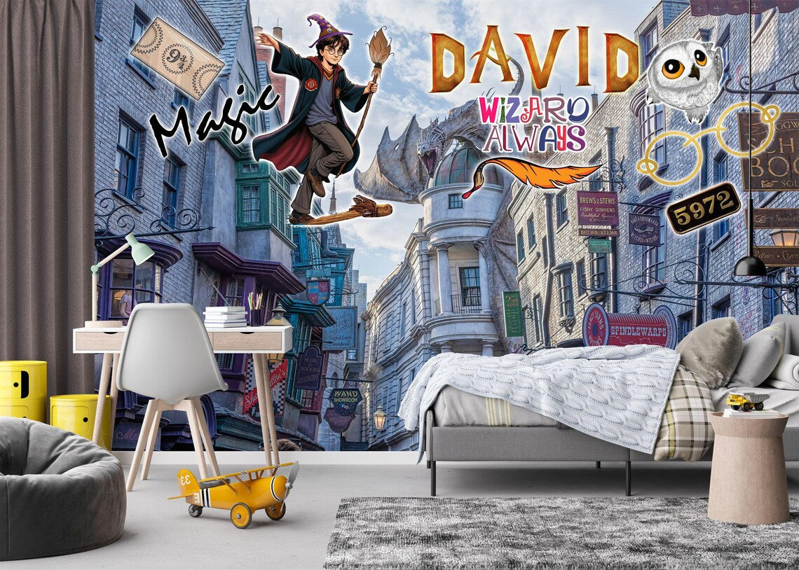 Wizard Magic Mural Kids Room - detailed view of enchanting wall art design