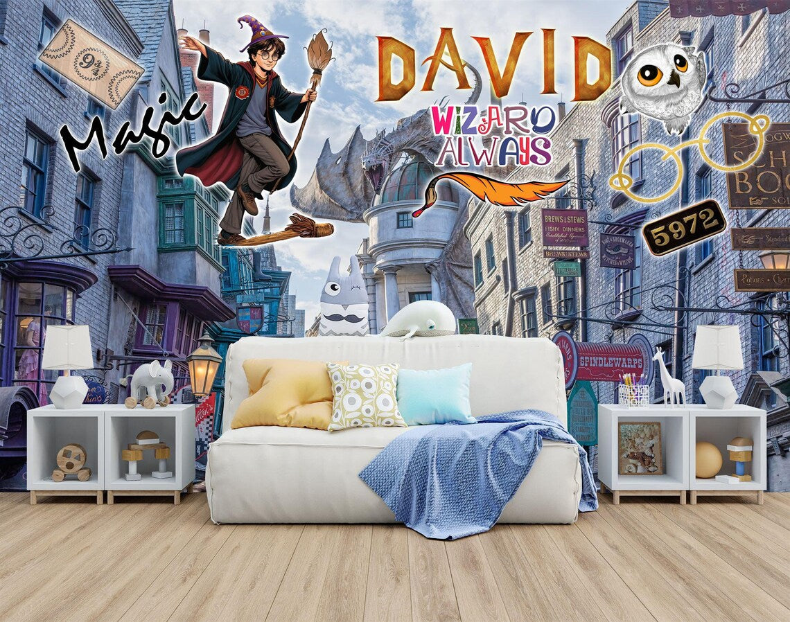 Wizard Magic Mural Kids Room - whimsical wizard design for children's space