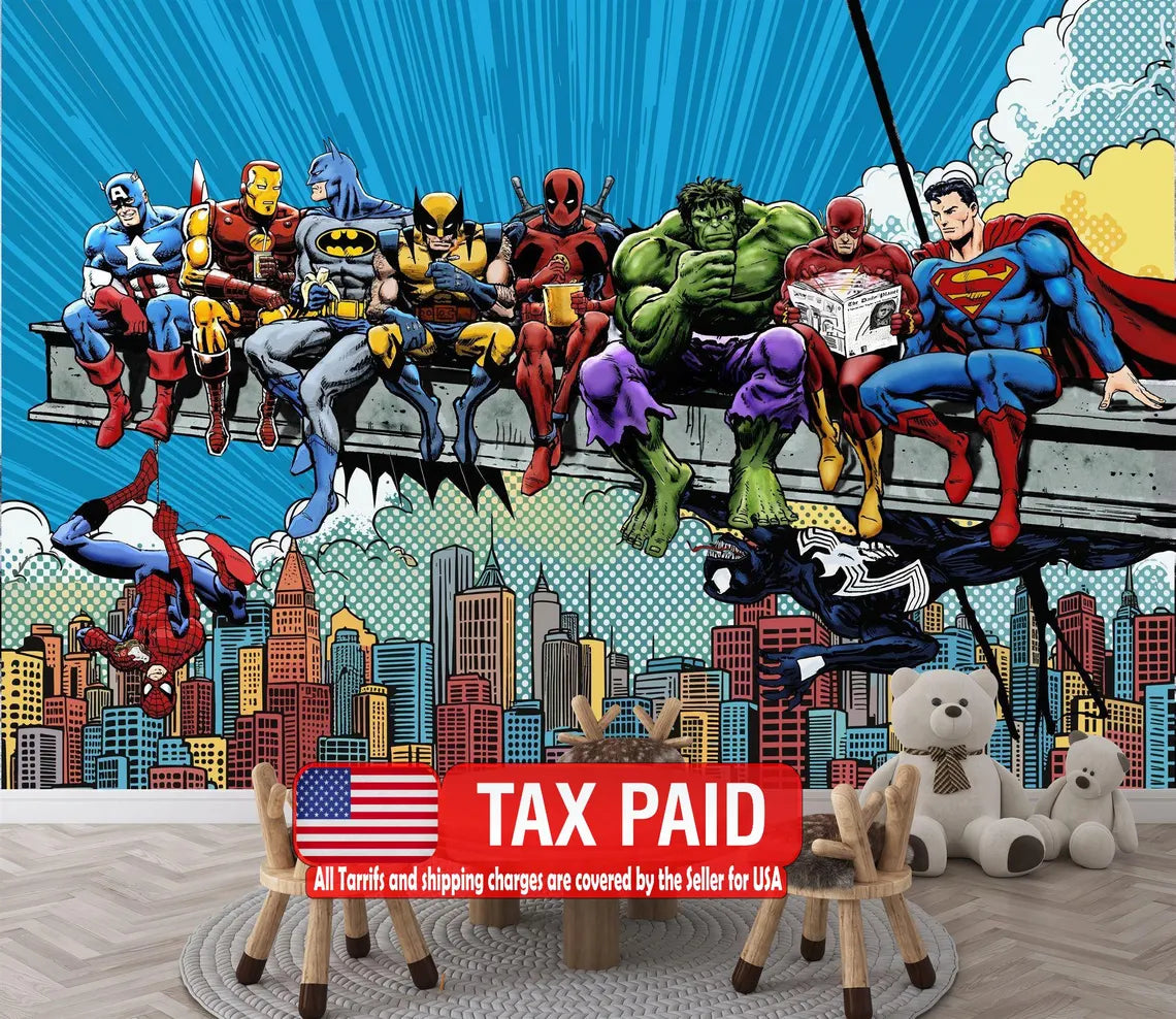 Vintage superhero comic mural wallpaper with retro comic book style graphics