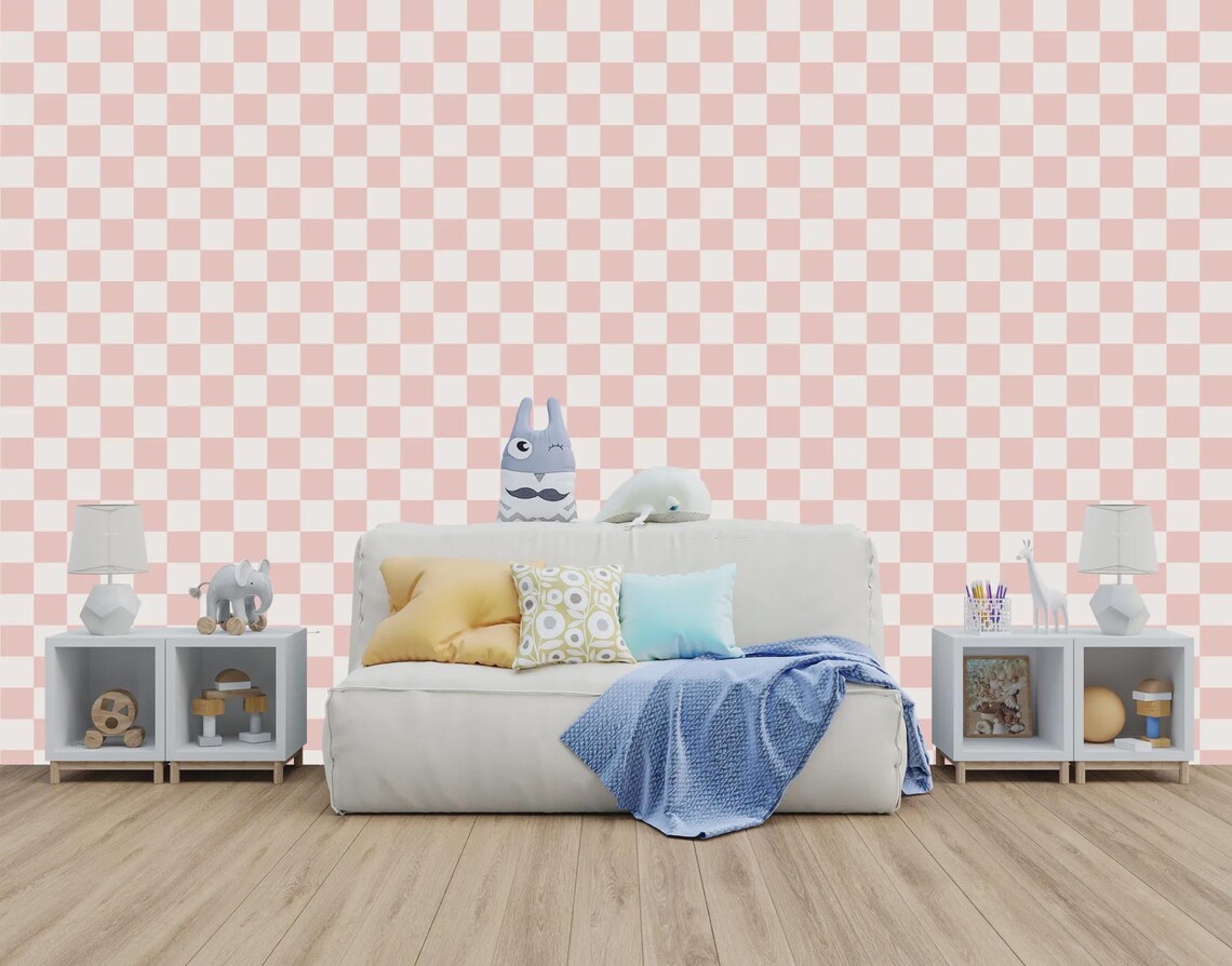 Blush pink and off white checkered wallpaper texture detail