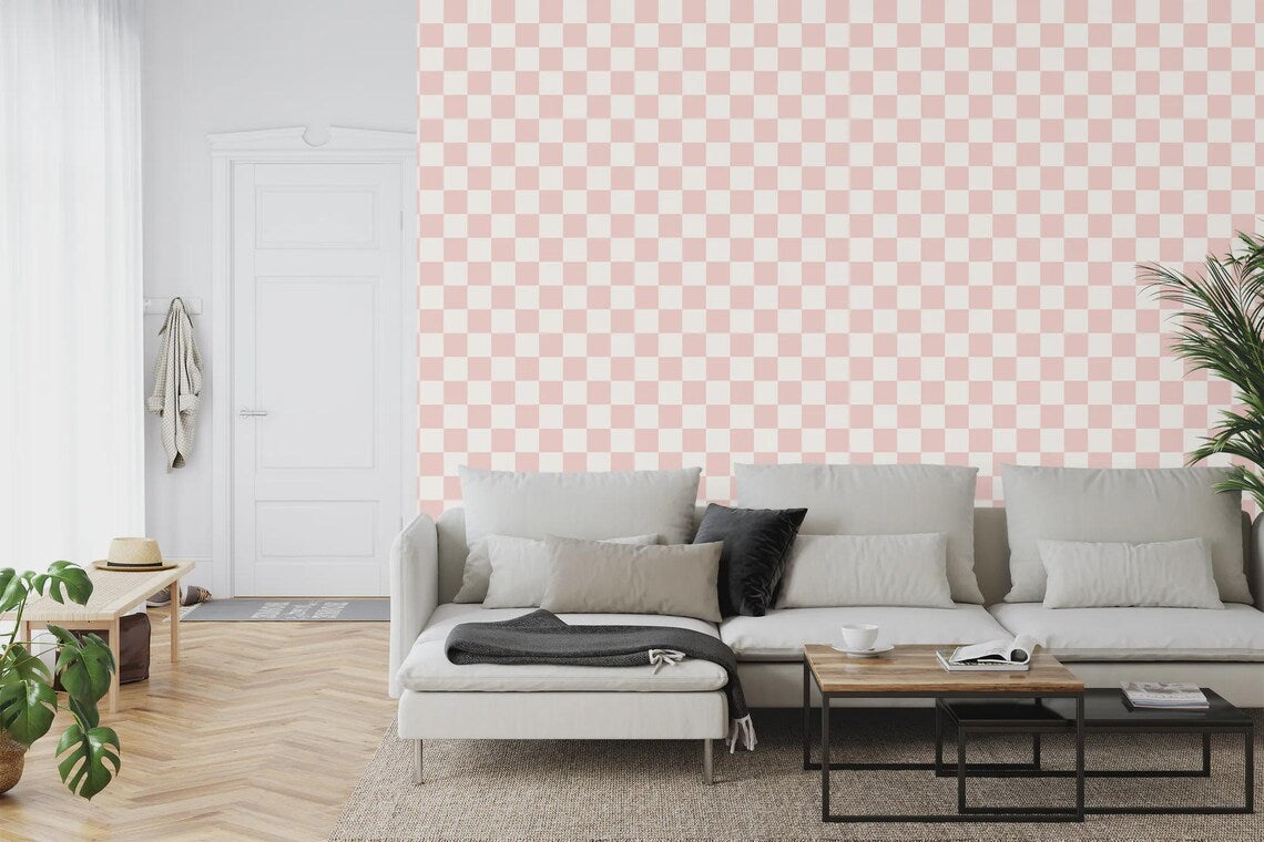 Blush pink and off white checkered wallpaper pattern variation