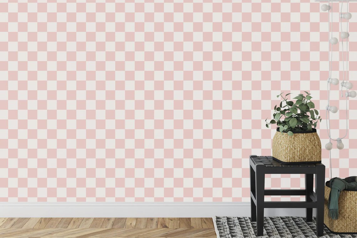 Blush pink and off white checkered wallpaper design showcase