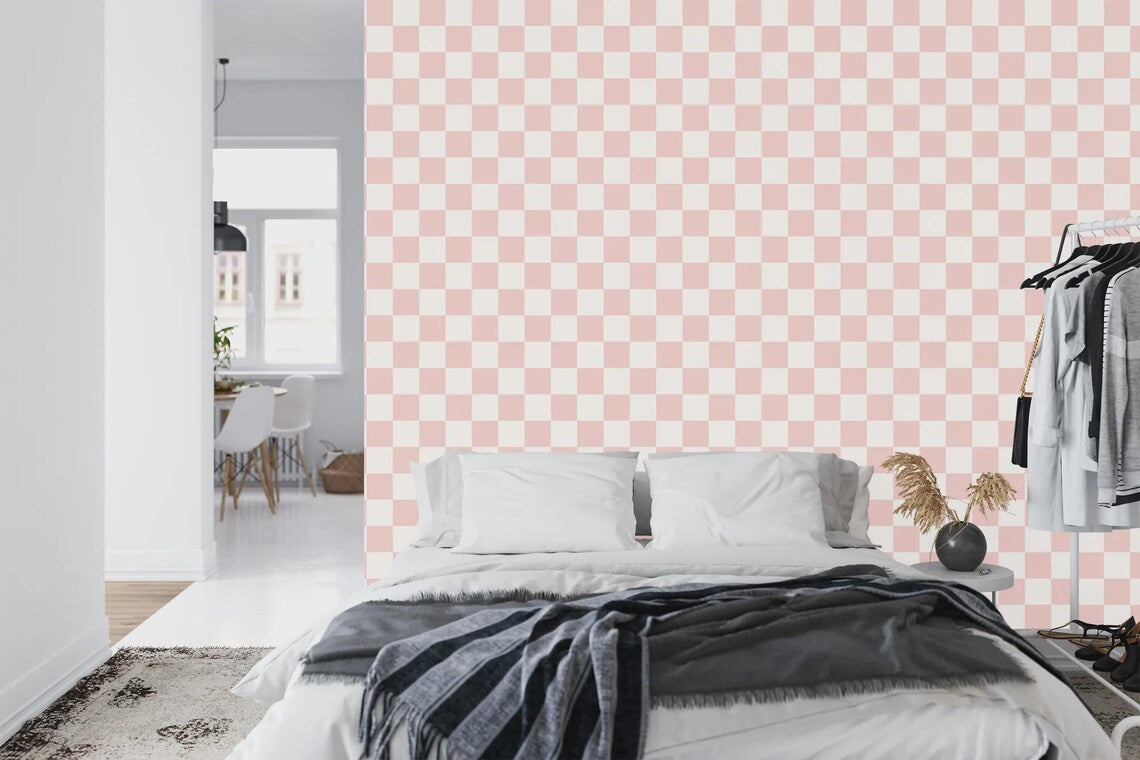 Blush pink and off white checkered wallpaper color palette detail