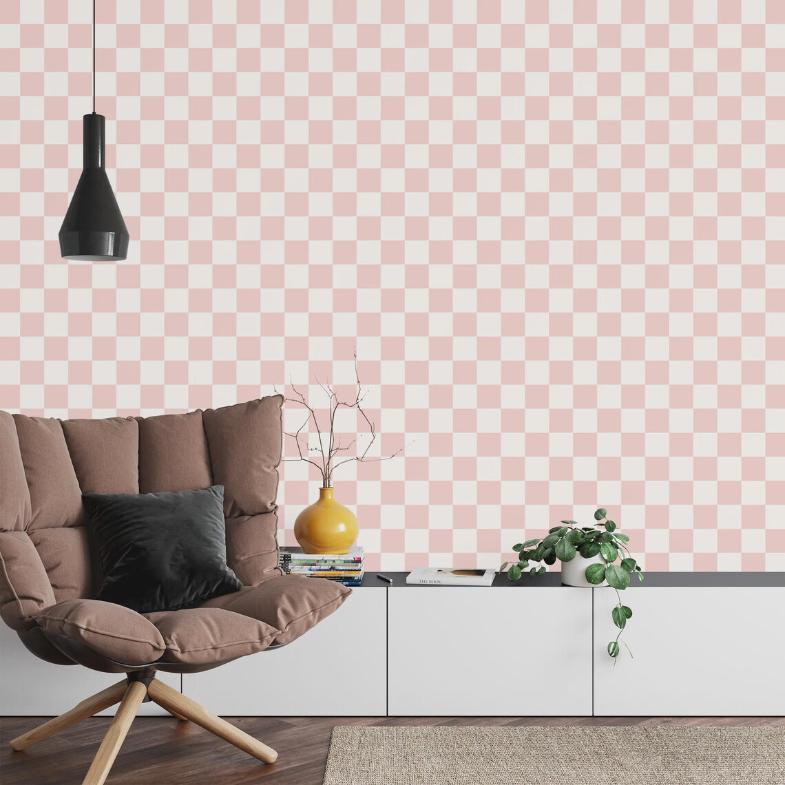 Blush pink and off white checkered wallpaper room application
