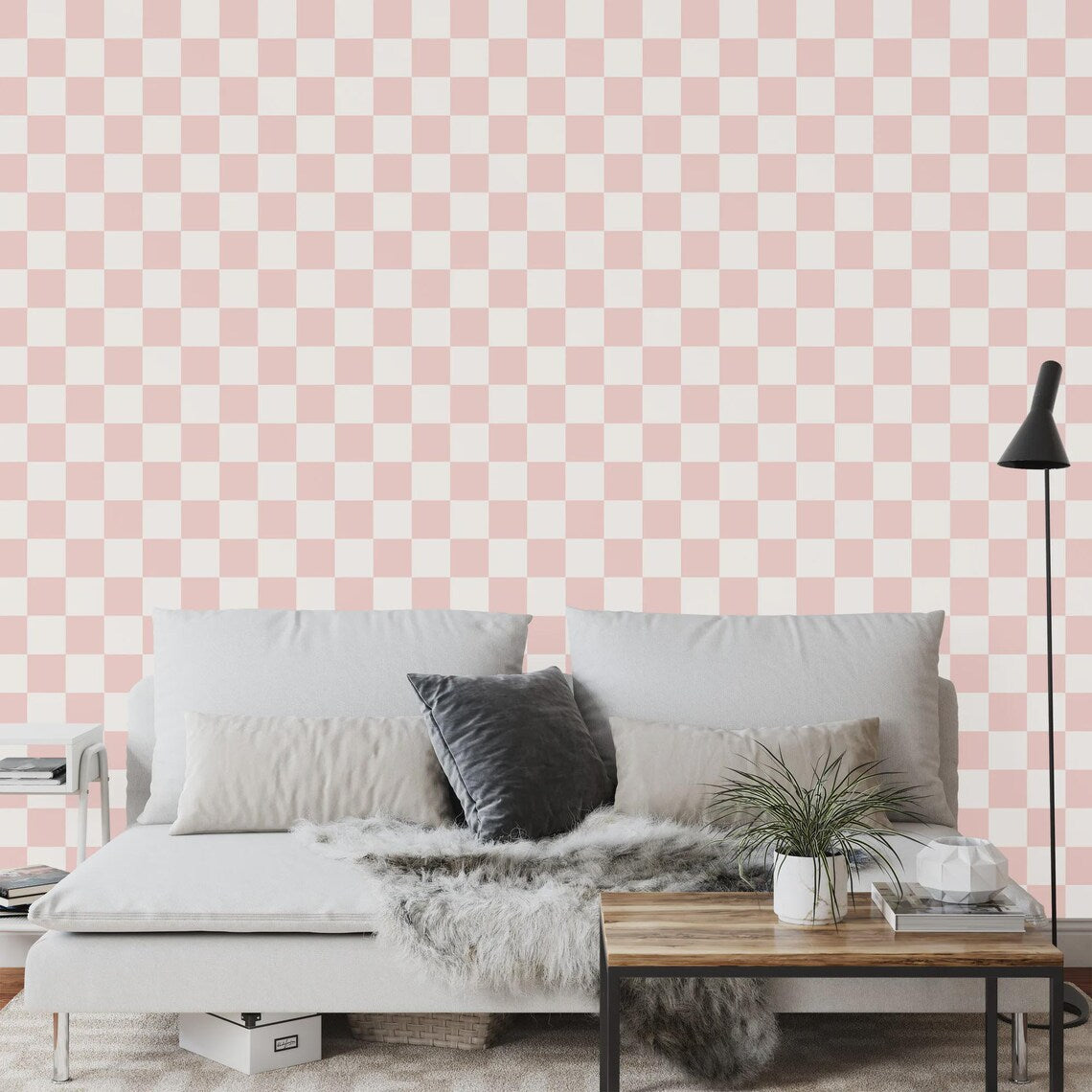 Blush pink and off white checkered wallpaper installation example