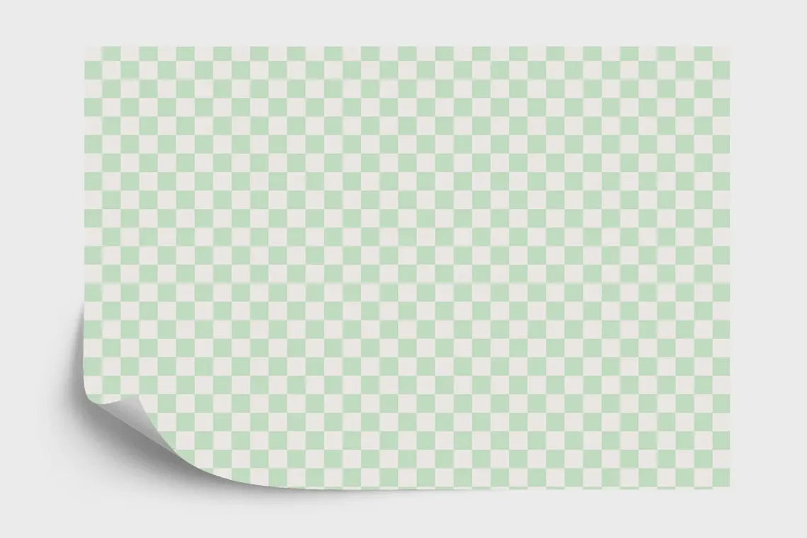 Tea green off white checkered wallpaper installed in dining area or kitchen